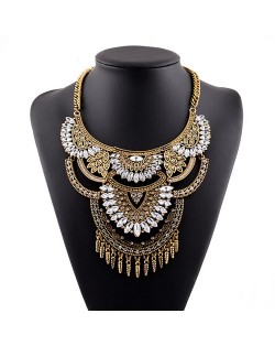 Gems Inlaid Floral Arch Pendant with Tassel Design Golden Costume Fashion Necklace - Transparent
