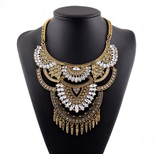 Gems Inlaid Floral Arch Pendant with Tassel Design Golden Costume Fashion Necklace - Transparent