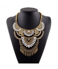 Gems Inlaid Floral Arch Pendant with Tassel Design Golden Costume Fashion Necklace - Transparent