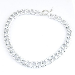 Simple Metallic Thick Chain Fashion Necklace - Silver