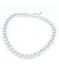Simple Metallic Thick Chain Fashion Necklace - Silver