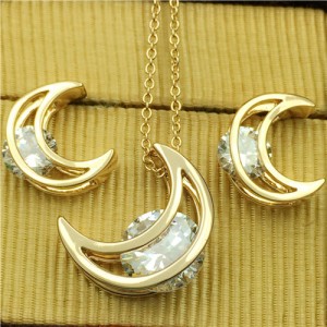 Rhinestone Inlaid Moon Fashion 18K Rose Gold Plated Necklace and Earrings Set
