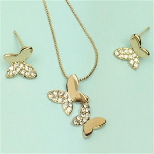 Rhinestone Embellished 18k Rose Gold Plated Butterfly Necklace and Earrings Set