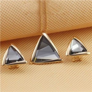 Rhinestone Triangle Pendant 18K Rose Gold Plated Necklace and Earrings Set - Gray