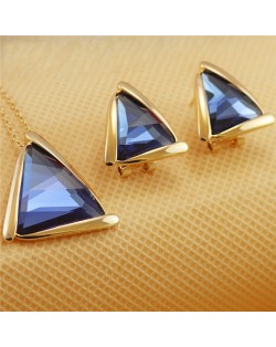 Rhinestone Triangle Pendant 18K Rose Gold Plated Necklace and Earrings Set - Blue