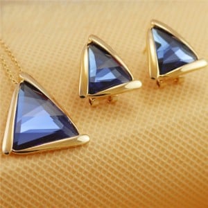 Rhinestone Triangle Pendant 18K Rose Gold Plated Necklace and Earrings Set - Blue