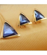 Rhinestone Triangle Pendant 18K Rose Gold Plated Necklace and Earrings Set - Blue