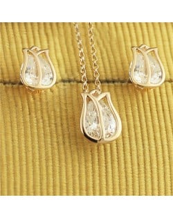 Austrian Crystal Inlaid Tulip Rose Gold Necklace and Earrings Set