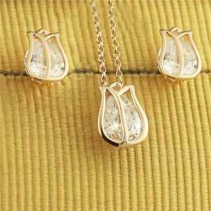 Austrian Crystal Inlaid Tulip Rose Gold Necklace and Earrings Set
