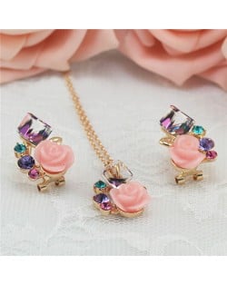 Transparent Cubic with Roses Design Rose Gold Necklace and Earrings Set