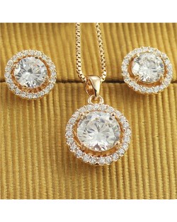 Austrian Crystal and Rhinestone Inlaid Hollow Floral Design Luxurious Rose Gold Necklace and Earrings Set