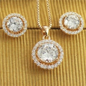 Austrian Crystal and Rhinestone Inlaid Hollow Floral Design Luxurious Rose Gold Necklace and Earrings Set