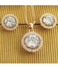 Austrian Crystal and Rhinestone Inlaid Hollow Floral Design Luxurious Rose Gold Necklace and Earrings Set