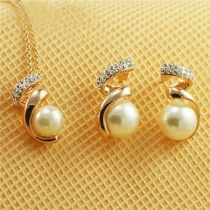 Rhinestone and Pearl Embellished Swirling Design Rose Gold Necklace and Earrings Set