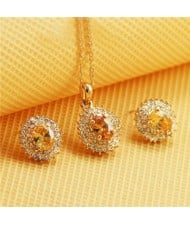 Austrian Crystal Inlaid Gorgeous Sun Flower Pendant Rose Gold Necklace and Earrings Set - Champagne
