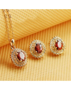 Austrian Crystal Inlaid Gorgeous Sun Flower Pendant Rose Gold Necklace and Earrings Set - Red