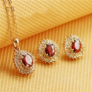 Austrian Crystal Inlaid Gorgeous Sun Flower Pendant Rose Gold Necklace and Earrings Set - Red