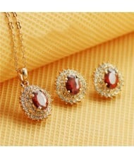Austrian Crystal Inlaid Gorgeous Sun Flower Pendant Rose Gold Necklace and Earrings Set - Red