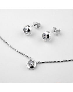 Austrian Rhinestone Inlaid Elegant Round Pendant 18K Platinum Necklace and Earrings Set