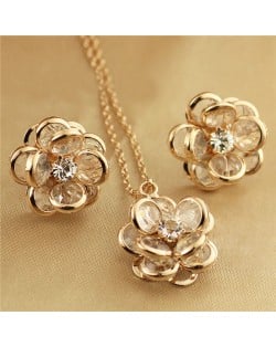 Vivid Dimensional Flower Design Rose Gold Necklace and Earrings Set