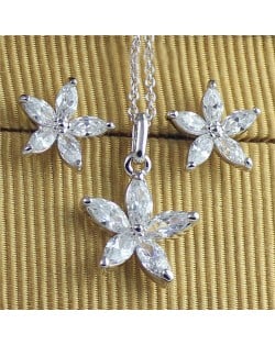 Crystal Five Petals Flower 18k Platinum Plated Necklace and Earrings Set