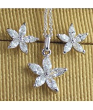 Crystal Five Petals Flower 18k Platinum Plated Necklace and Earrings Set