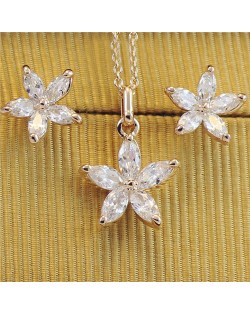 Crystal Five Petals Flower 18k Rose Gold Plated Necklace and Earrings Set