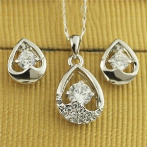 Austrian Rhinestone and Crystal Embellished Hollow Waterdrop Design Platinum Plated Necklace and Earrings Set