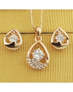 Austrian Rhinestone and Crystal Embellished Hollow Waterdrop Design Rose Gold Plated Necklace and Earrings Set