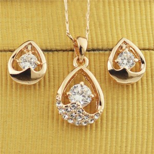 Austrian Rhinestone and Crystal Embellished Hollow Waterdrop Design Rose Gold Plated Necklace and Earrings Set