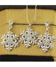 Rhinestone Embellished Snowflake Pendant Platinum Plated Necklace and Earrings Set