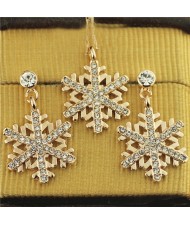 Rhinestone Embellished Snowflake Pendant Rose Gold Plated Necklace and Earrings Set