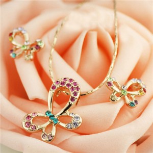 Rhinestone Embellished Rose Gold Plated Butterfly Theme Necklace and Earrings Set - Multicolor