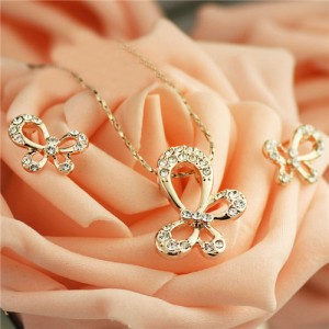 Rhinestone Embellished Rose Gold Plated Butterfly Theme Necklace and Earrings Set - Transparent