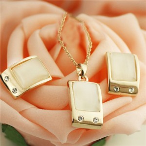 Opal Inlaid Graceful Square Design Rose Gold Plated Necklace and Earrings Set