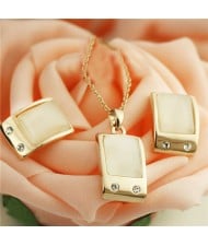 Opal Inlaid Graceful Square Design Rose Gold Plated Necklace and Earrings Set