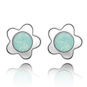 Sweet Plum Blossom Design Austrian Crystal Ear Studs - White Green