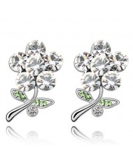 Vivid Flower Design Austrian Crystal Ear Studs - White