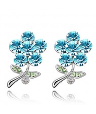 Vivid Flower Design Austrian Crystal Ear Studs - Sea Blue