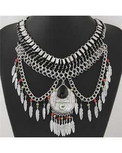 Waterdrop Pendant Design with Leaves Tassel Design Statement Fashion Necklace - Black