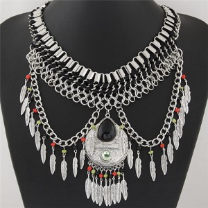 Waterdrop Pendant Design with Leaves Tassel Design Statement Fashion Necklace - Black
