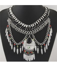 Waterdrop Pendant Design with Leaves Tassel Design Statement Fashion Necklace - Black