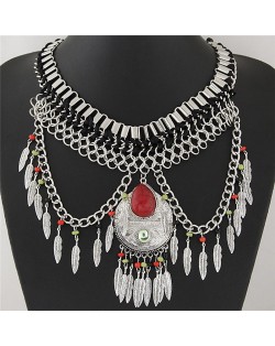 Waterdrop Pendant Design with Leaves Tassel Design Statement Fashion Necklace - Red