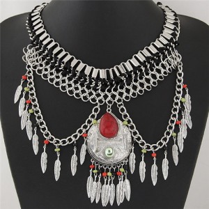Waterdrop Pendant Design with Leaves Tassel Design Statement Fashion Necklace - Red
