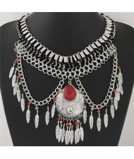 Waterdrop Pendant Design with Leaves Tassel Design Statement Fashion Necklace - Red