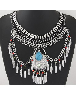 Waterdrop Pendant Design with Leaves Tassel Design Statement Fashion Necklace - Blue