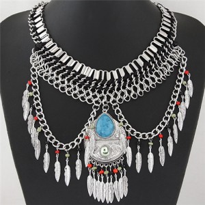 Waterdrop Pendant Design with Leaves Tassel Design Statement Fashion Necklace - Blue