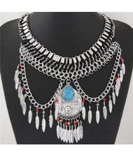 Waterdrop Pendant Design with Leaves Tassel Design Statement Fashion Necklace - Blue