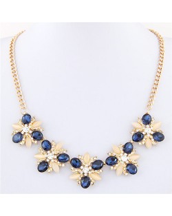 Czech Rhinestone and Opal Stone Shining Flower Cluster Golden Alloy Fashion Necklace