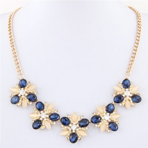 Czech Rhinestone and Opal Stone Shining Flower Cluster Golden Alloy Fashion Necklace